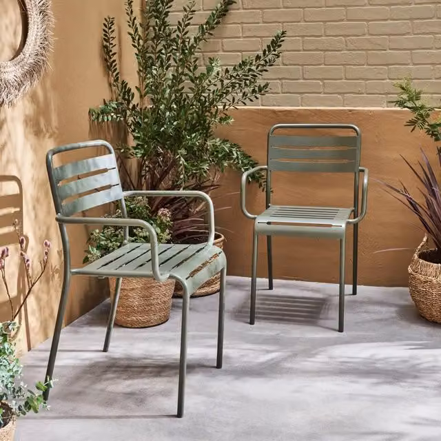 sweeek Pair of Stackable Metal Garden Armchairs in Khaki Green