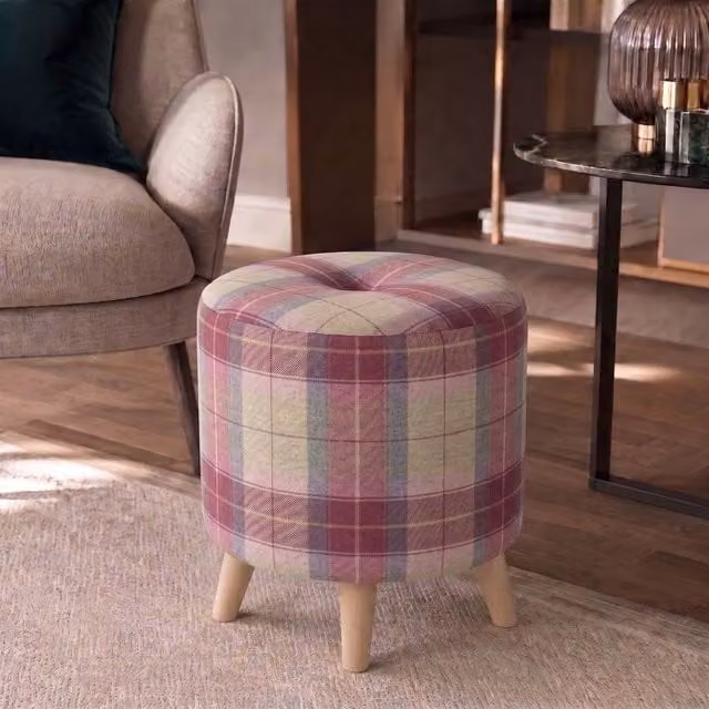 Nexus Mattresses Ltd Round Button Footstool in Pink Tartan with Natural Angled Feet