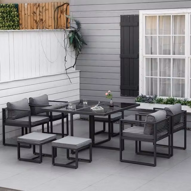 Outsunny 9 Piece Grey Powder Coated Aluminium Garden Dining Set with Glass Top Table
