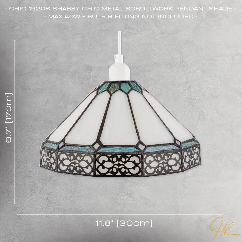 Happy Homewares Chic 1920s Shabby Chic Pendant Light Shade with Metal Scrollwork Decor in Multicolour Glass and Metal, Diameter: 30 cm – 4