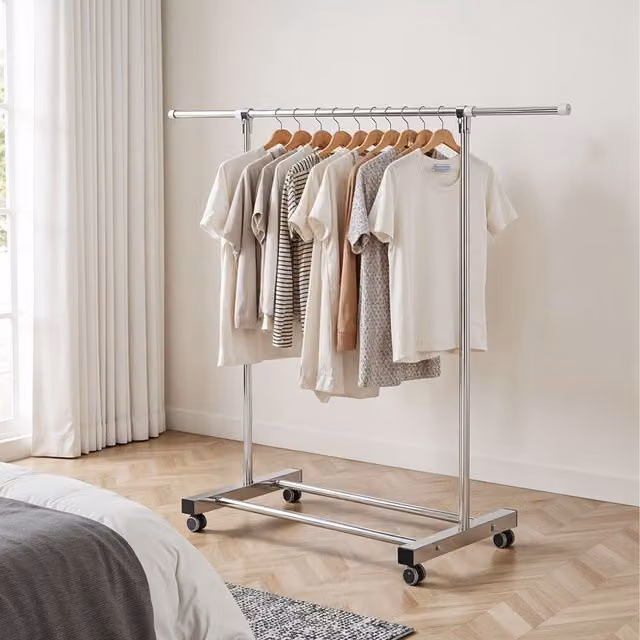 Lifeideas Adjustable Stainless Steel Single-Rod Clothes Drying Rack with Wheels, Silver