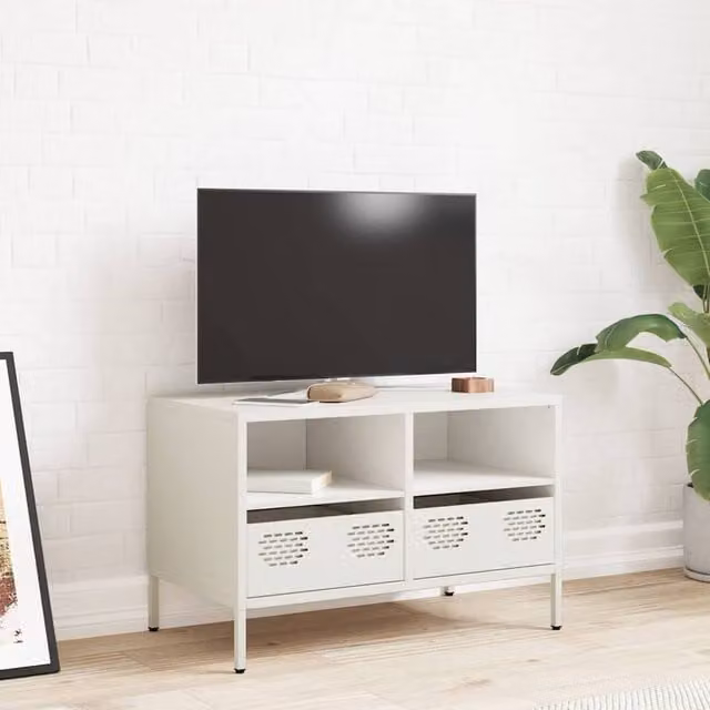 Berkfield Home White Industrial TV Cabinet in Matt Cold-rolled Steel, W: 68 cm, D: 39 cm, H: 43.5 cm – 1