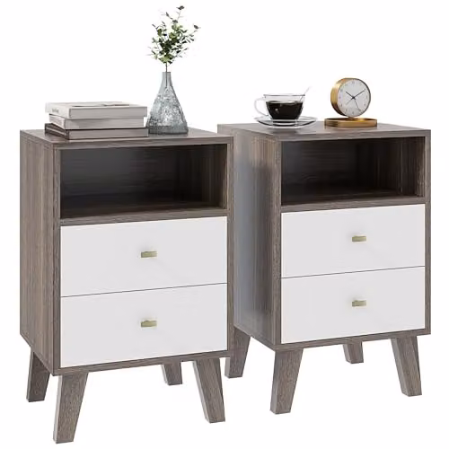 HOMCOM Set of 2 Modern Bedside Tables with 2 Drawers in Grey and White, W/D/H: 40 x 34 x 64 cm – 1