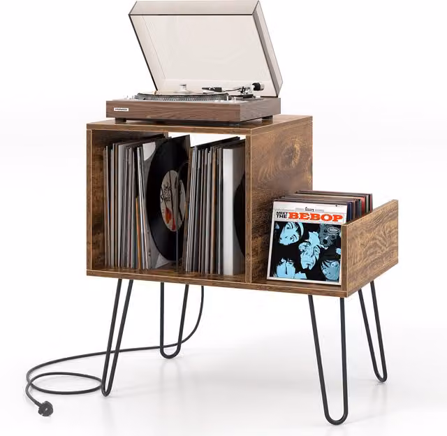 Costway Modern Record Player Stand and End Table in Brown