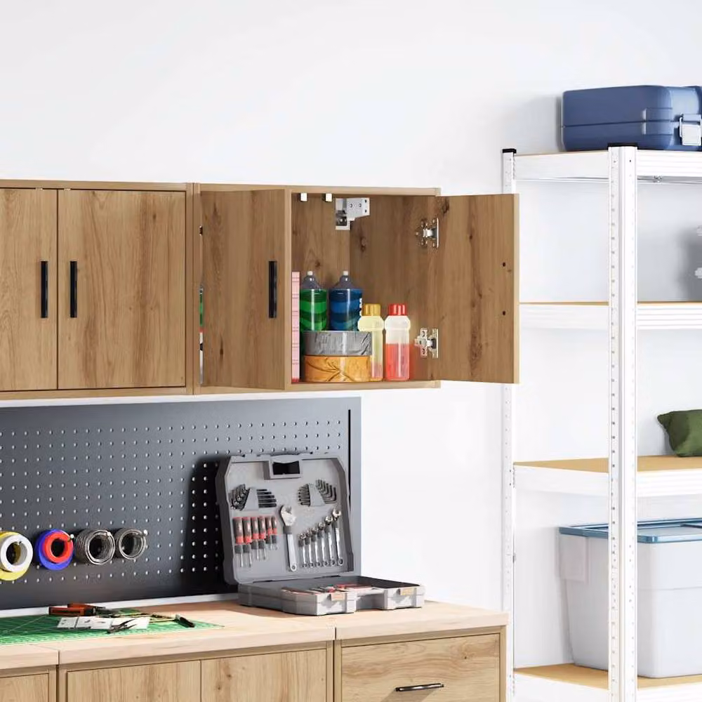 Berkfield Home Wall Mounted Garage Cabinet in Artisan Oak Brown with Hinged Doors and Internal Shelves – 2