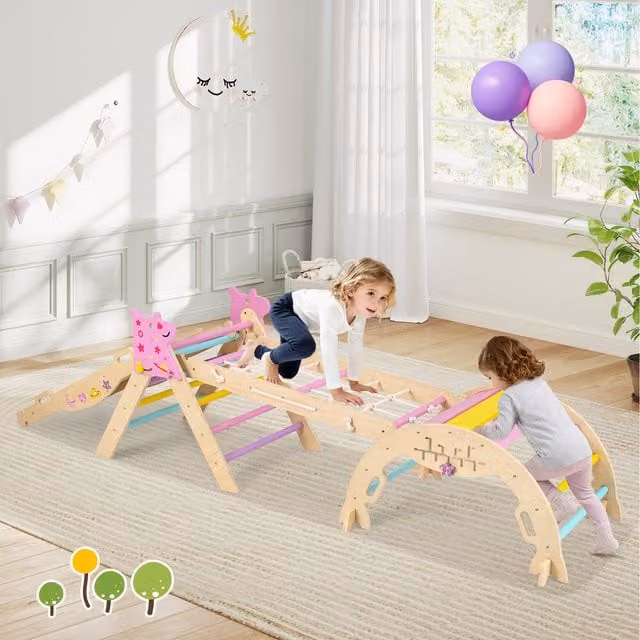 Costway Macaron Jungle Gym Climber Playground in Pink and Multicolour, Foldable Wooden Design