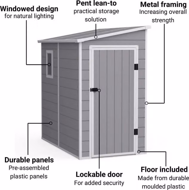 BillyOh Newport Lean To Plastic Pent Shed with Floor, Light Grey