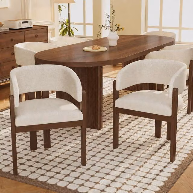 Rolipo Set of 6 Modern Solid Wood Dining Chairs with Armrests in Brown Walnut Finish and Beige Bouclé Fabric