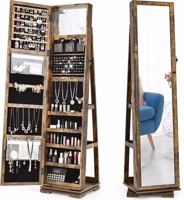 Costway 3-in-1 Rotating Mirrored Jewelry Armoire in Brown, Freestanding Lockable Large Capacity Organizer with Makeup Mirror