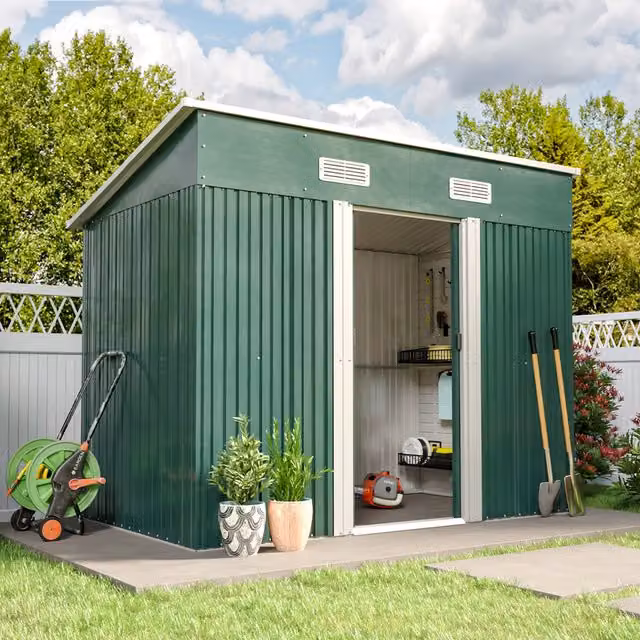 Livingandhome Metal Garden Storage Shed with Double Doors and Gable Roof, Green, Height: 238 cm