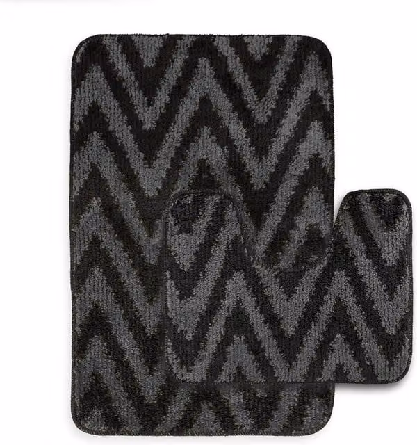 Velosso 2 Piece Chevron Stripe Bath and Pedestal Mat Set in Charcoal Grey