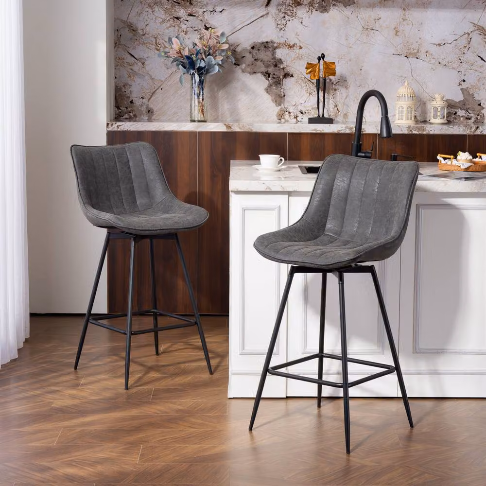 STILVORA Set of 2 Grey Faux Leather Swivel Bar Stools – 3