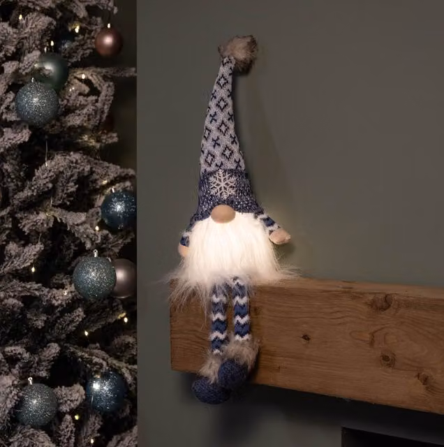 Samuel Alexander Blue Battery Operated Light Up Christmas Gonk with Dangly Legs and Snowflake Hat, Height: 55 cm