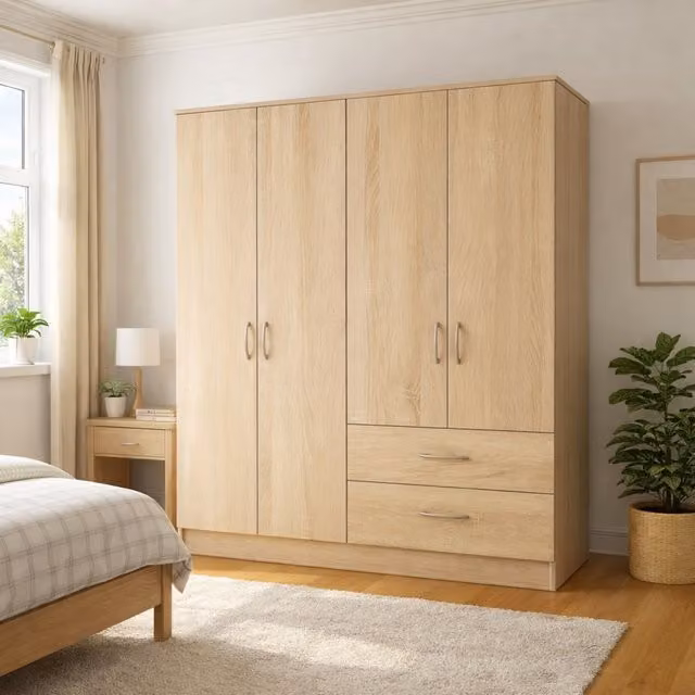 TJS Venice 4 Door Oak Bedroom Wardrobe in Brown