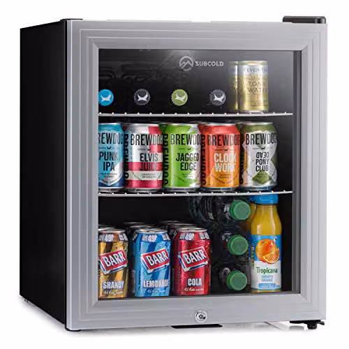 Subcold Super50 LED Mini Fridge, 50L Silver Compressor Chiller with LED Light and Lock, W/D/H: 44 x 42 x 47 cm