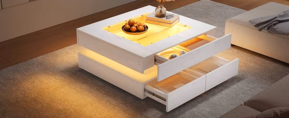 Merax Square High Gloss LED Coffee Table with Tempered Glass Top and 3 Drawers in White, W/D/H: 70 x 70 x 35 cm – 3