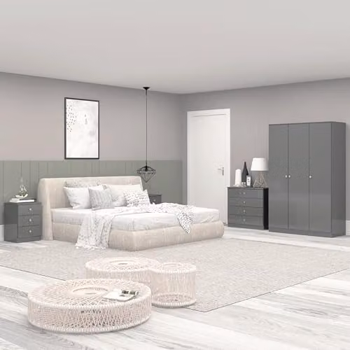 Seconique Denver 3 Door Wardrobe in Grey Gloss with Internal Shelves and Hanging Rod, H 175 cm x W 112 cm x D 48 cm – 2