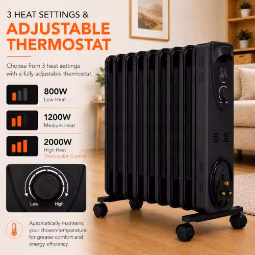Mylek 2000W Oil Filled Radiator in Black, Freestanding with Thermostat and Tilt Protection, H 55 cm x W 39 cm x D 39 cm – 3