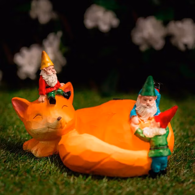 Garden Mile Solar Sleeping Fox Ornament Gnome in Orange