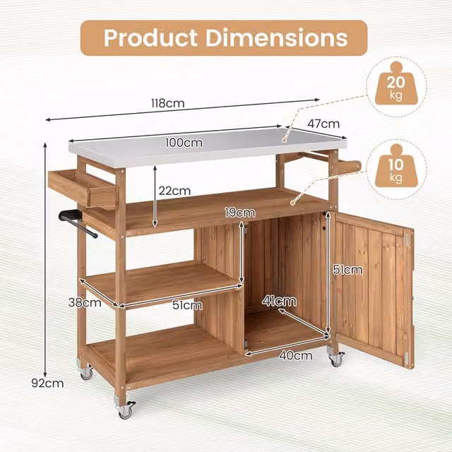COSTWAY Outdoor Kitchen Island Grill Cart in Brown Rustic Lacquered Pine and Metal
