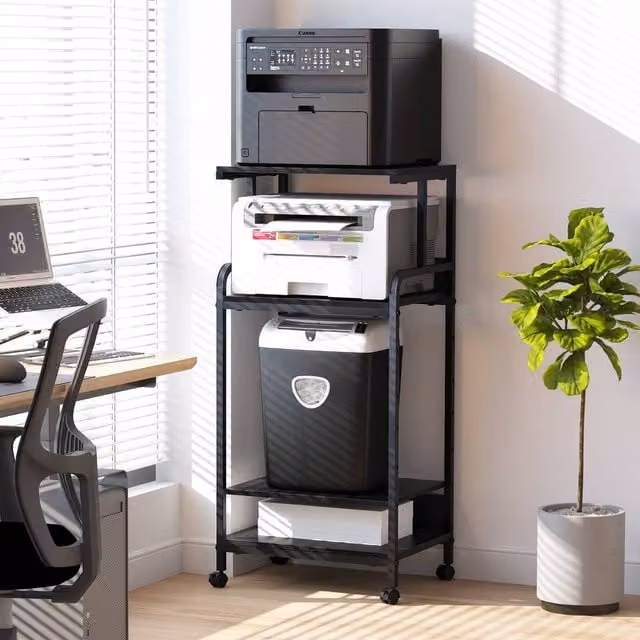 Huhote 4-Tier Black Printer Stand with Adjustable Shelves and Locking Wheels, H 113 x W 40 x D 40 cm