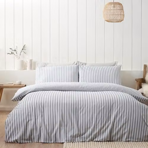 Catherine Lansfield Reversible Brushed Cotton Flannelette Striped Duvet Cover and Pillowcase Set in Silver Grey, W/D/H: 220 x 220 x 50 cm (Pillowcase)