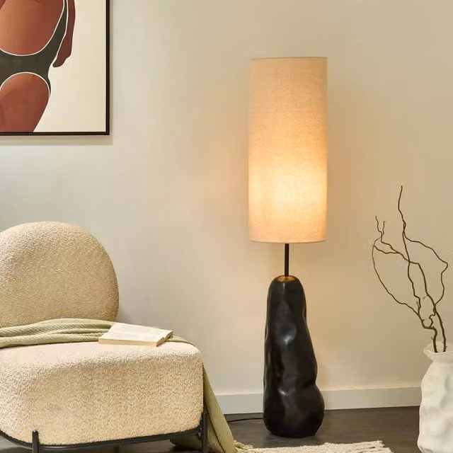 Wyld and Coco Modern Sculptural Floor Lamp with Black Ceramic-Style Base and Adjustable Beige Fabric Shade – 1