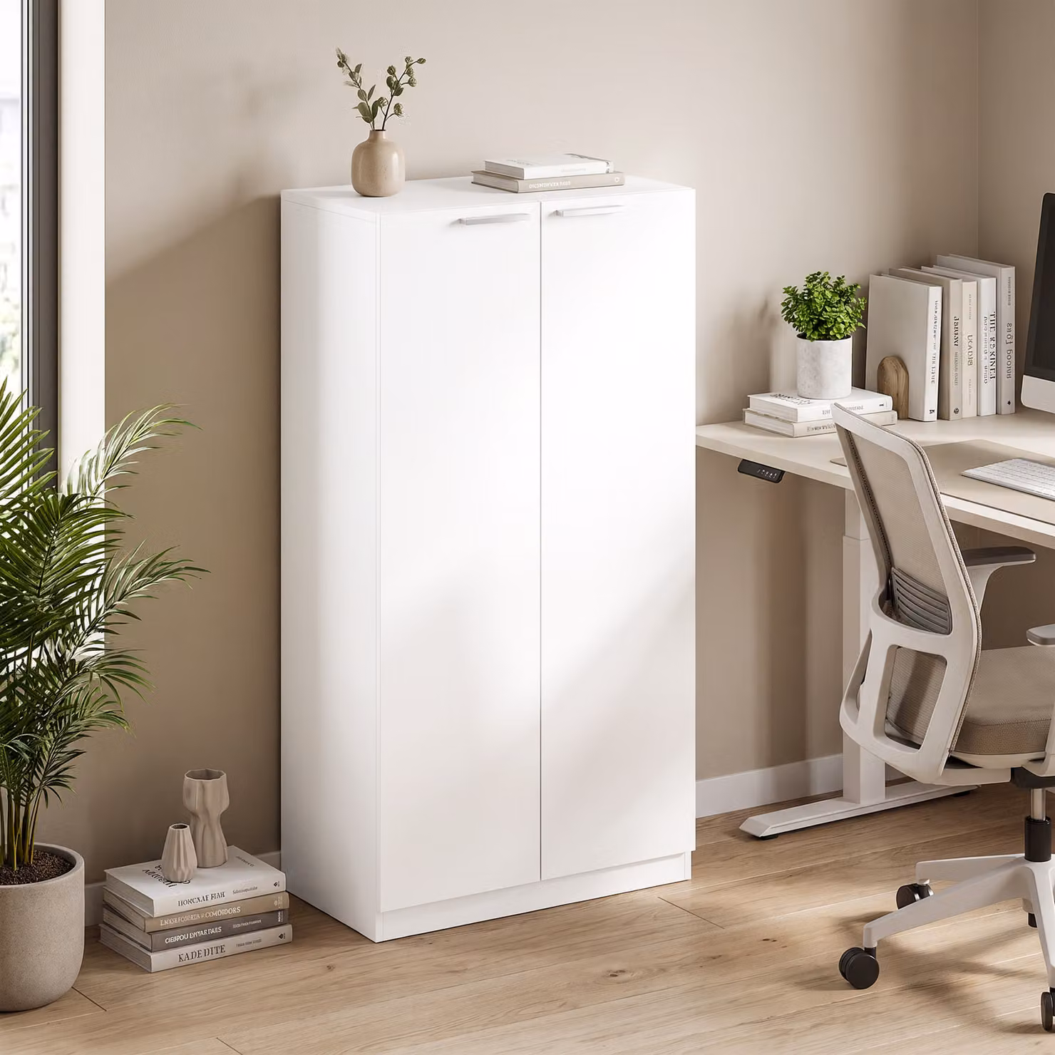HOMCOM Modern White Wooden 3-Tier Storage Cabinet with Soft Close Hinged Doors, Height: 120 cm, Width: 60 cm, Depth: 31.5 cm – 2