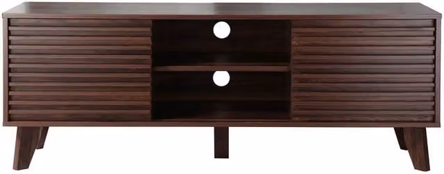 CALICOSY Modern TV Unit with Sliding Doors and Grooved Wood-Effect Fronts in Brown, W: 135 cm, D: 39 cm, H: 51.5 cm