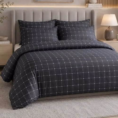 Lazzaro Double Checked Grey Microfibre Duvet Cover and Pillowcase Set, W/D/H: 200 x 200 cm and 50 x 75 cm
