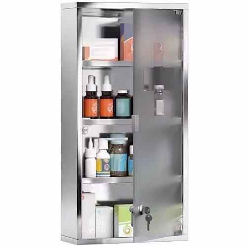 HOMCOM Wall-Mounted Silver Medicine Cabinet with Lockable Glass Doors and Internal Shelves, H: 60 cm, W: 30 cm, D: 12 cm – 1