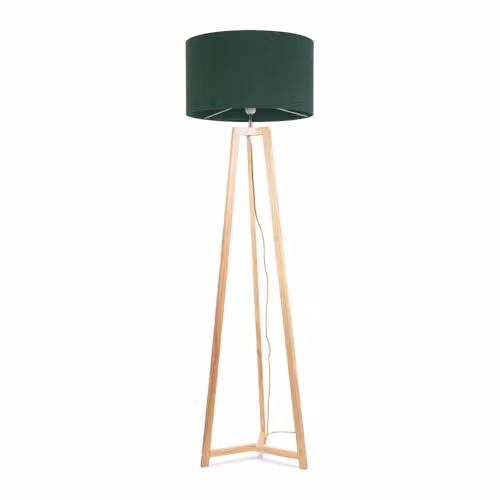ValueLights Lottie Natural Wood Tripod Floor Lamp with Green Fabric Drum Shade, H 148 cm x W 45 cm x D 45 cm
