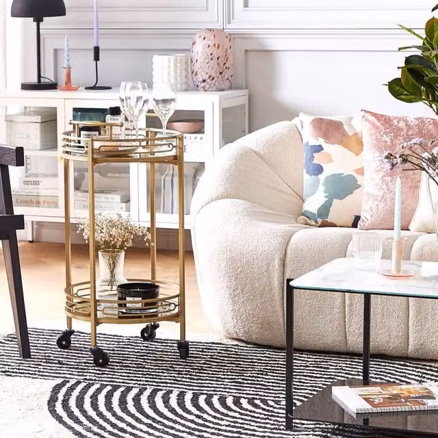 Wyld and Coco Gold Iron Bar Trolley with Mirrored Top, W: 42 cm, D: 42 cm, H: 75 cm