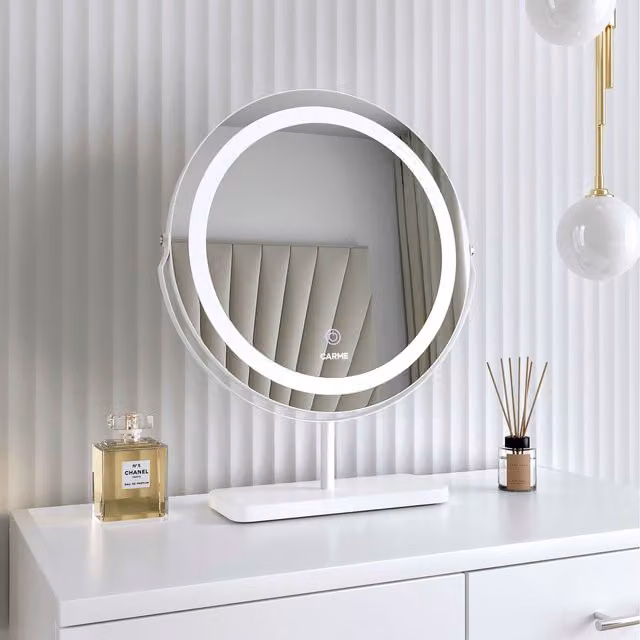 CARME Ava Round Tabletop LED Light Mirror with Touch Switch and Dimmable Function in White Marble Touch