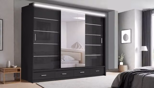 RAC3 Modern High Gloss LED Mirror Sliding Wardrobe with Integrated Drawers and Shelves in Black, White and Grey, W: 256 cm, H: 216 cm