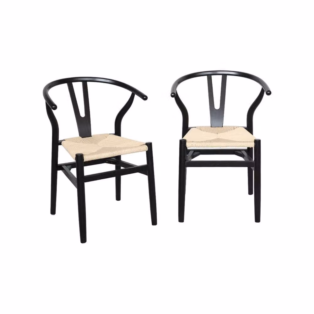 sweeek Pair of Black Beech Wood Dining Chairs with Rope Seats and Armrests – 2