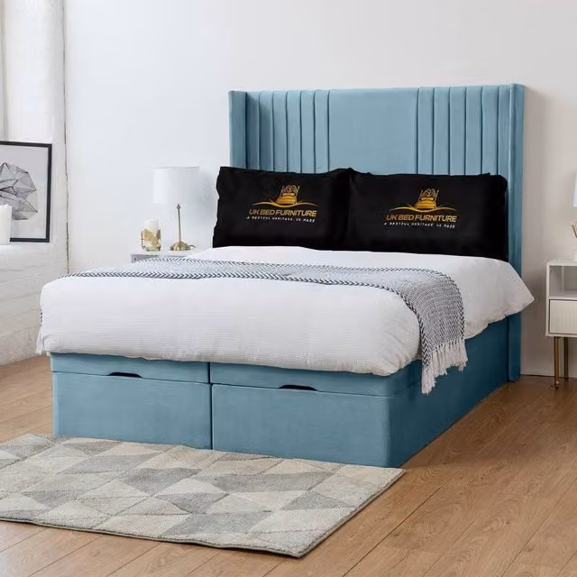 UK Bed Furniture Luxor Wingback Ottoman Divan Bed with 54 Inch Headboard in Light Blue, W/D/H: 200 x 160 x 137.16 cm