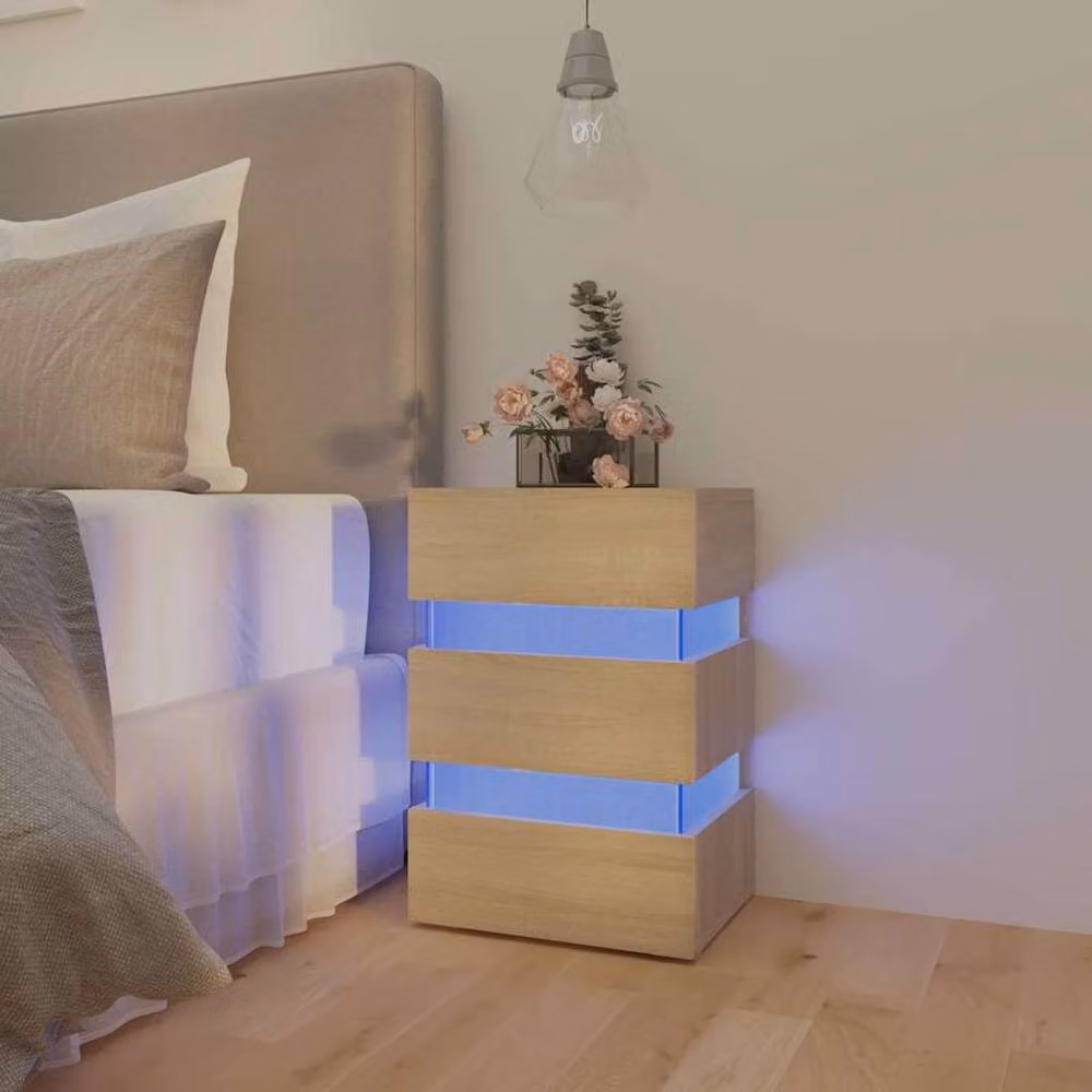 Berkfield Home LED Bedside Cabinet in Light Oak, W/D/H: 45 x 35 x 67 cm – 2
