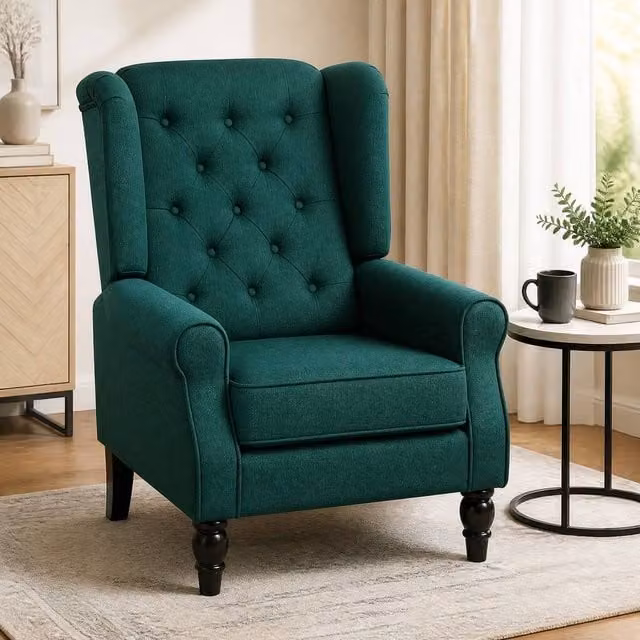 STILVORA Retro Wingback Chair in Green Fabric with Solid Wood Frame and Armrests