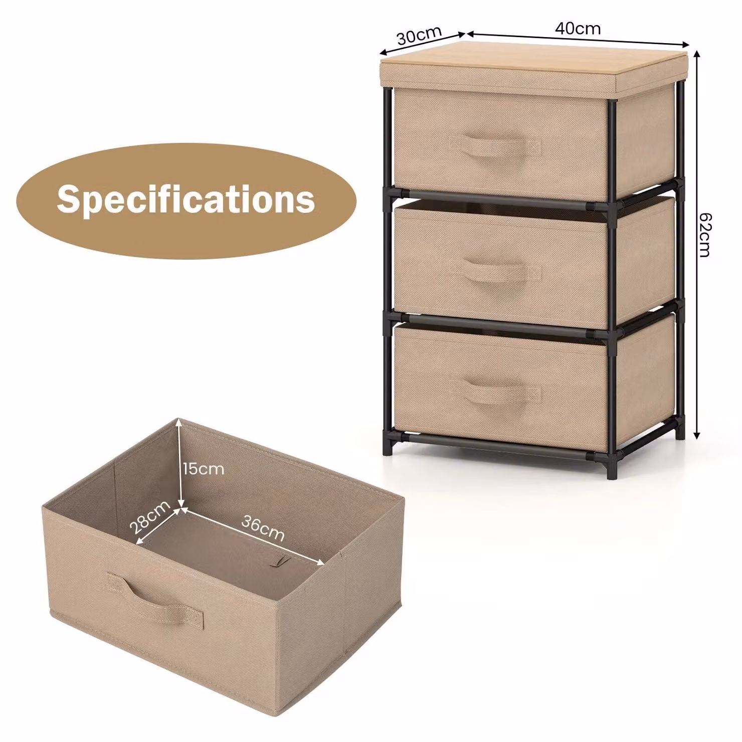 Costway 3-Tier Fabric Dresser and Nightstand Organizer with Metal Frame in Brown and Beige – 2