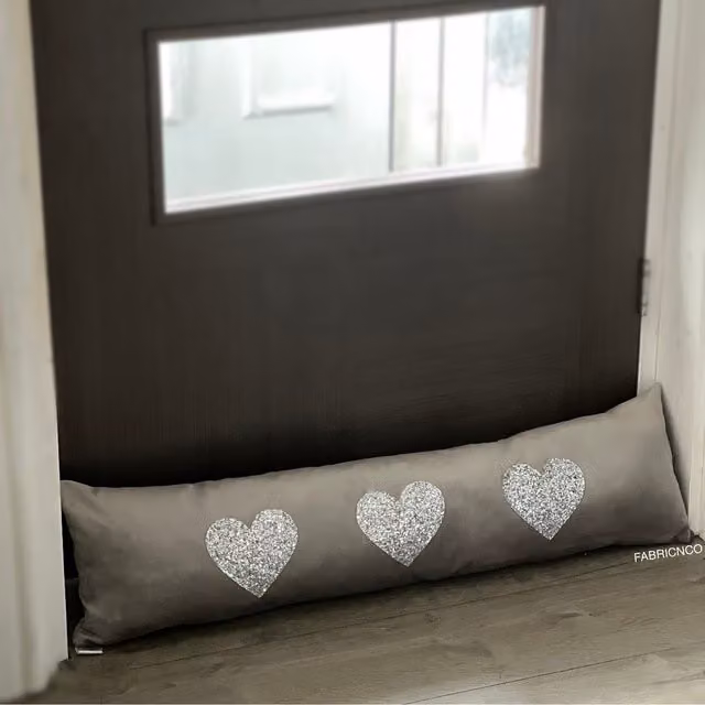 FABRICNCO Plush Silver Love Heart Glitter Draught Excluder in Silver and Grey