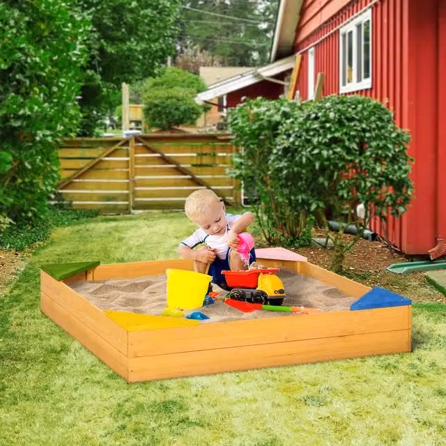 Outsunny Kids Sandpit with Fabric Liner in Brown Wood Effect