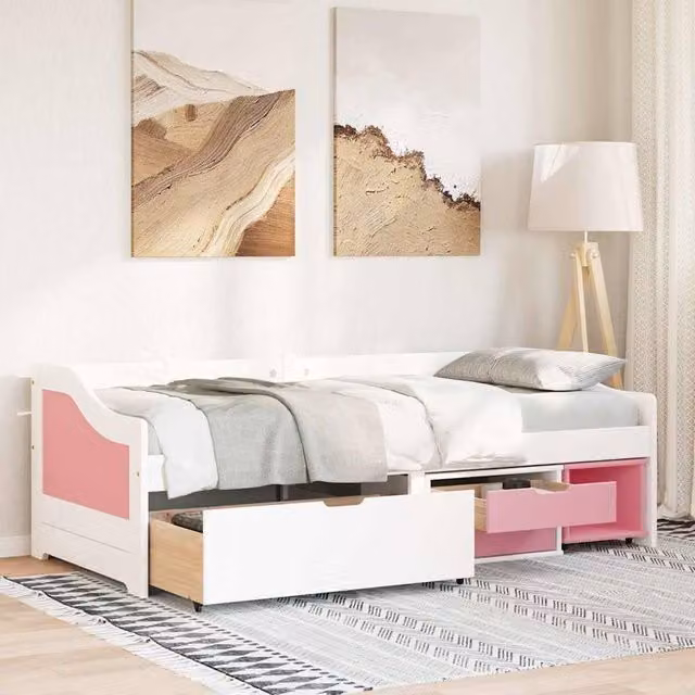 Berkfield Home Beautiful Day Bed with 3 Drawers, White and Pink, W/D/H: 200 x 90 x 69 cm