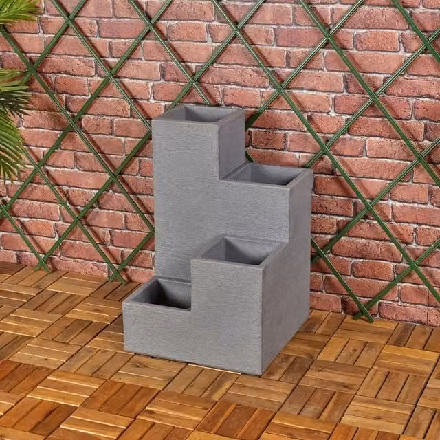 EONLION 4 Tier Stepped Outdoor Planter Cubed Ribbed Plastic Pot in Dark Grey
