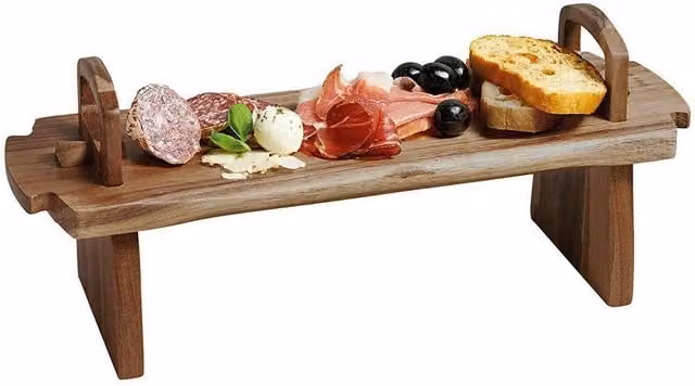 GEEZY Rectangular Foldable Wooden Raised Serving Platter in Brown
