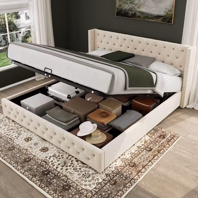 Rolipo Beige Velvet Upholstered Ottoman Bed Frame with Storage, Double, W/D/H: 150 x 200 cm – 1