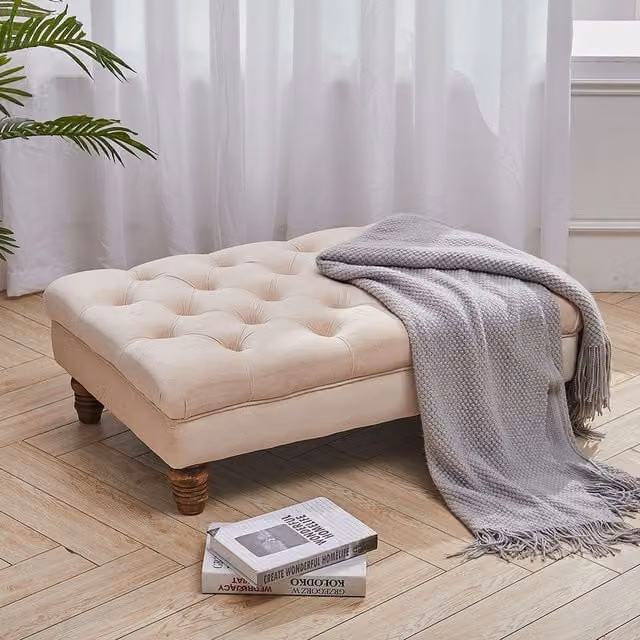 Livingandhome Chesterfield Upholstered Fabric Buttoned Pouffe Footstool in Beige Yellow, Width: 90 cm