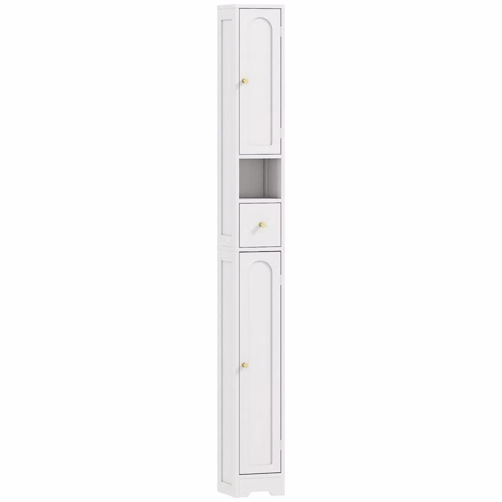 Wyld Haus White Modern Bathroom Storage Cabinet with Gold Details and Internal Shelves and Drawers, Height: 185 cm – 2
