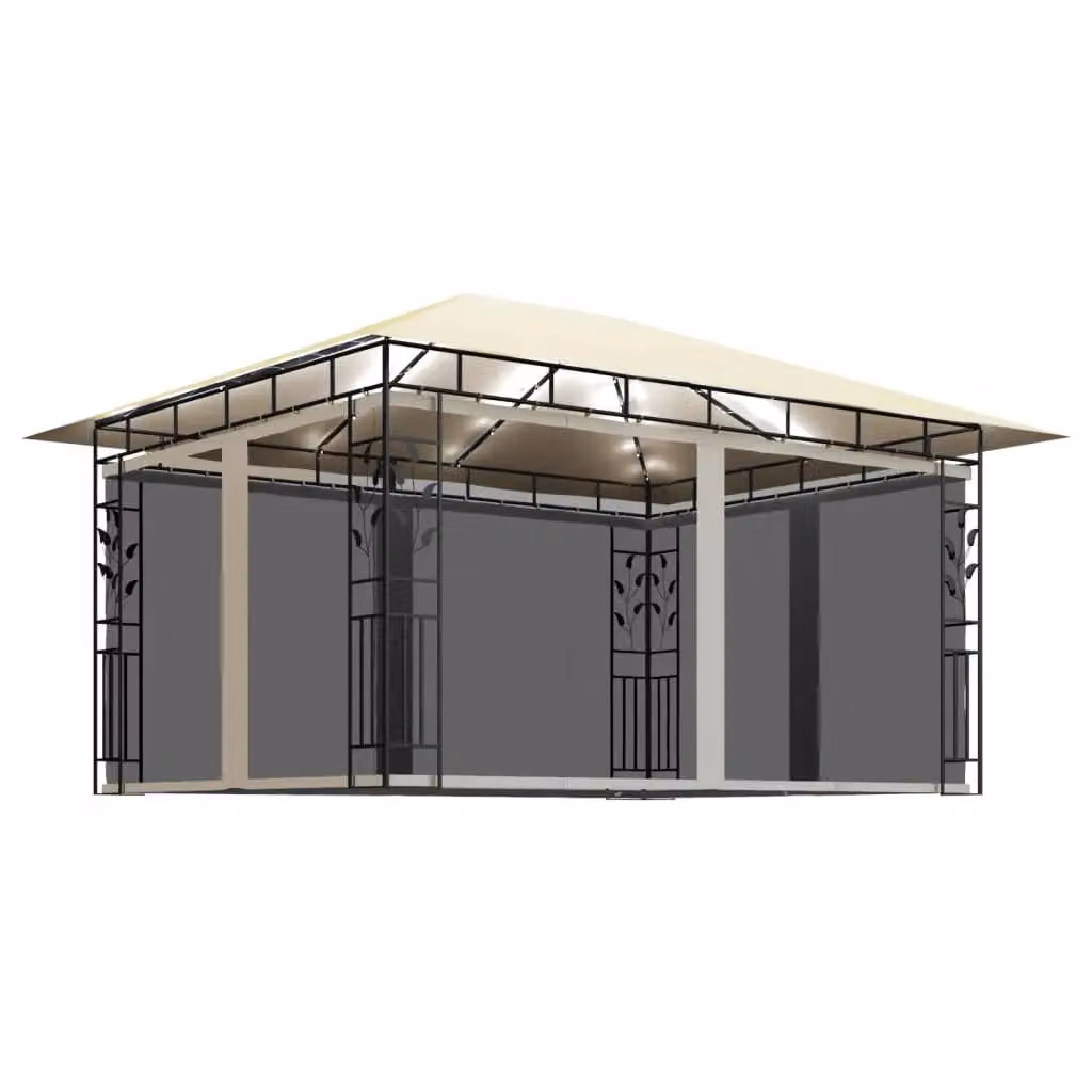 Berkfield Home Gazebo with Mosquito Net and LED String Lights, Beige, W: 400 cm, D: 300 cm, H: 273 cm – 2