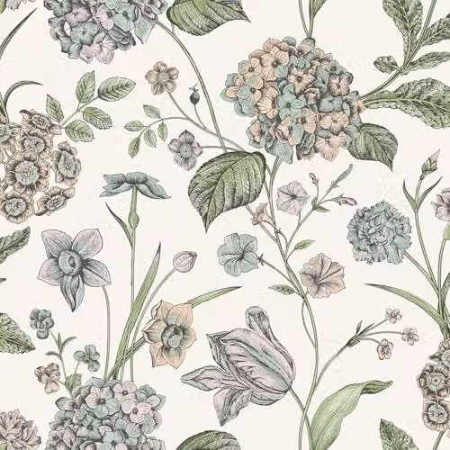 Rasch Hydrangea Floral Hand-Drawn Effect Wallpaper in Cream and Multicolour